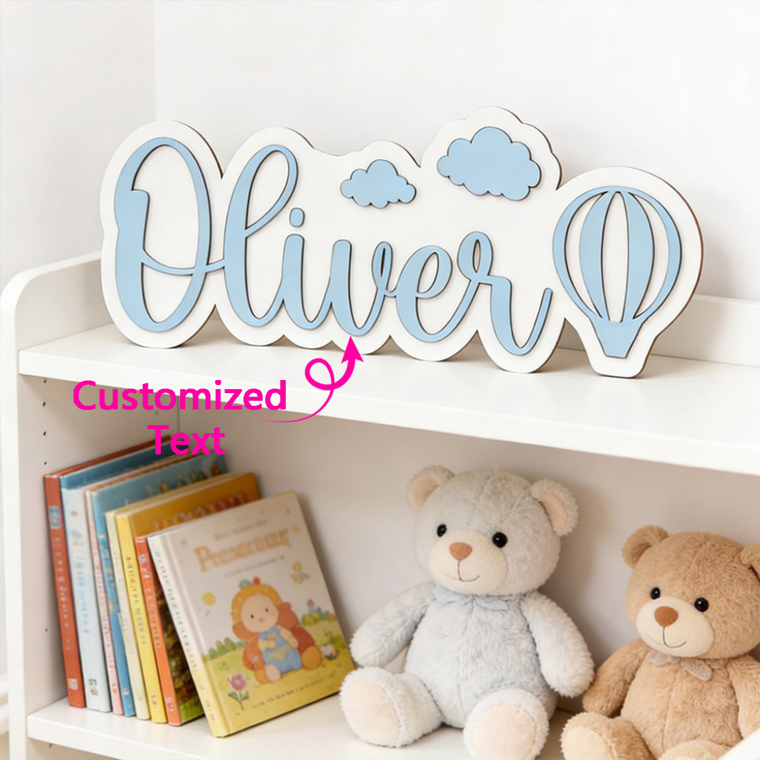 Interior Design Names - Personalisiertes Heißluftballon- & Wolken-Namensschild, Anpassbare Pastellblaue